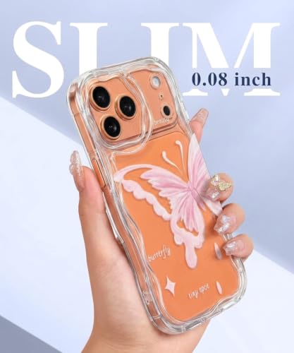 Image of VONZEE Cute Pink Butterfly Transparent Back Cover for iPhone 17 Pro Max | Clear Shockproof TPU Protective Case | Slim Anti-Yellowing Crystal Clear Phone Cover for Girls and Women