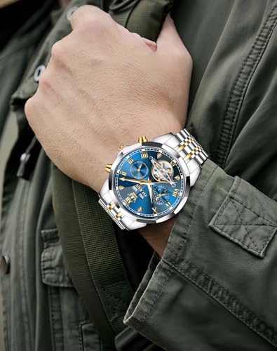 Image of OLEVS Men's Watches Automatic Self Winding Skeleton Blue Big Face Mechanical Business Luxury Gift Tourbillon Calendar Wrist Watch