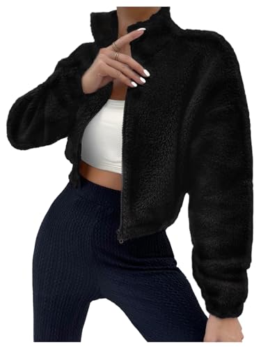 SOLY HUX Womens Faux Fur Zip Up Jackets Fuzzy Long Sleeve Cropped Jacket Outerwear Pure Black Small