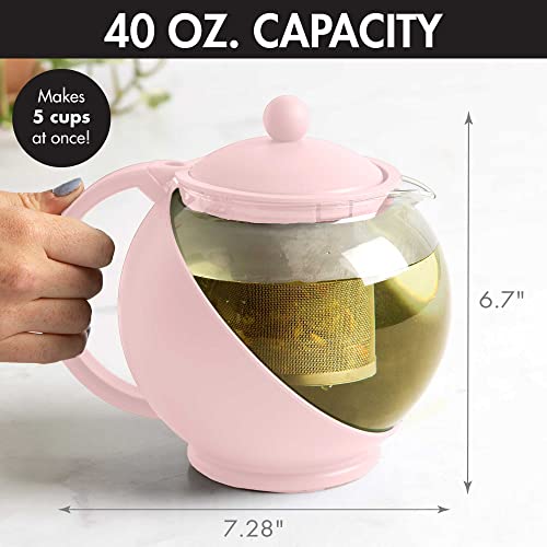 Image of Primula Half Moon Teapot with Removable Infuser, Glass Tea Maker with Reusable Fine Mesh Stainless Steel Filter, Dishwasher Safe, 40-Ounce, Pink