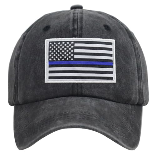 Image of HHNLB Thin Blue Line American Flag Hat, Cotton Adjustable Embroidered Police Baseball Cap for Men Women