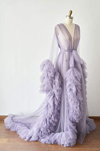 Image of BATHGOWN Sexy Illusion Long Lingerie Tulle Robe Nightgown Bathrobe Sleepwear Bridal Robe Wedding Scarf