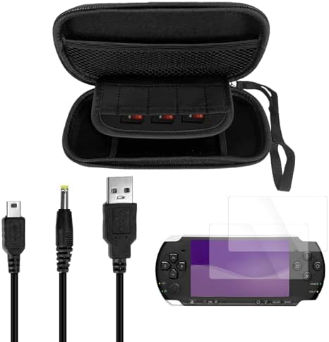 JDGPOKOO 4 in 1 Accessories Kit for PSP 1000/2000/3000, Carrying Case for PSP 1000 2000 3000, 2 Set Screen Protectors and Charging&Date Cable, Compatible with PlayStation Portable 1000/2000/3000 ONLY