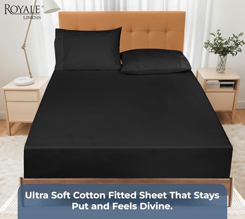 Image of Royale Linens 100% Organic Cotton Fitted Sheet - Percale Weave - Super Soft Deep Pocket Bottom Sheets - Black Elastic Sheet King Cal Size - California King Fitted Sheets Only - (72 inchx84 inch+15 inch, Black)