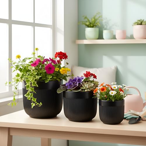 Image of Xtore Ceramic Ribbed Planter Set with Matte Finish | Minimalist Design | for Home, Office, Balcony & Living Room Decor - (Set of 3, Black)