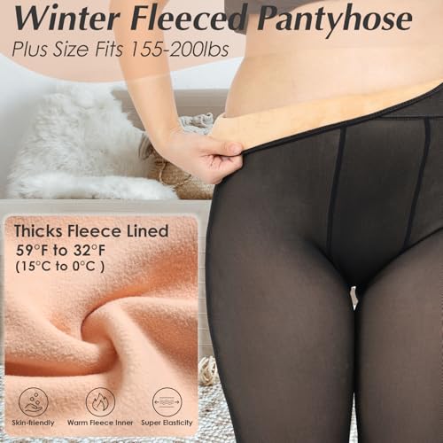 Image of Black Plus Size Fleece Lined Tights for Women Fake Translucent Pantyhose Warm Winter Thick Sheer Thermal Leggings