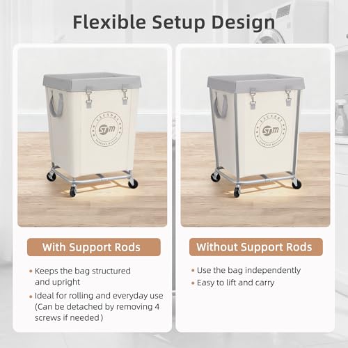 STORAGE MANIAC Commercial Laundry Hamper with Heavy Duty Steel Frame, 160 L Industrial Laundry Basket Cart with Wheels for Hotel, Home, Laundry Room, 18''L x 18''W x 31''H, Medium Beige - Image 6