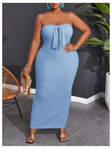 Image of WDIRARA Women's Plus Size Strapless Sleeveless Tie Front Bodycon Dress Party Club Tube Dresses
