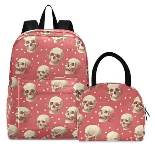 Gothic Skull Print Backpack Set with Lunch Bag, Large Capacity Travel Backpacks and Lunch Box Insulated for Commute Hiking Picnic