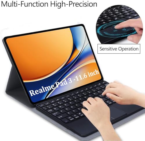 Image of HOM Tri-Fold 7-Colour Backlight Detachable Wireless Bluetooth Keyboard with Trackpad /Touchpad Tablet Cover Case for Realme Pad 3 11.61 inch