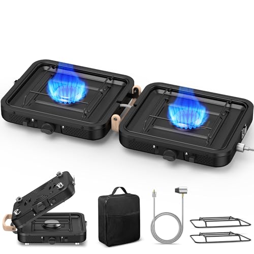 Propane 2-Burner Camping Stove with Carrying Bag, 17500 BTU Adjustable Burners, Portable Folding Gas Stove for Camping, Outdoor Cooking, Backpacking Camp Stove for BBQ, Camping Tailgating