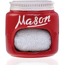Red Ceramic Mason Jar Kitchen Sponge Holder Farmhouse Kitchen Decor Sponge Caddy - Kitchen Sink Organizer Ceramic Sponge Holder - Kitchen Organizer Retro Decor for Cute Kitchen Accessories Red