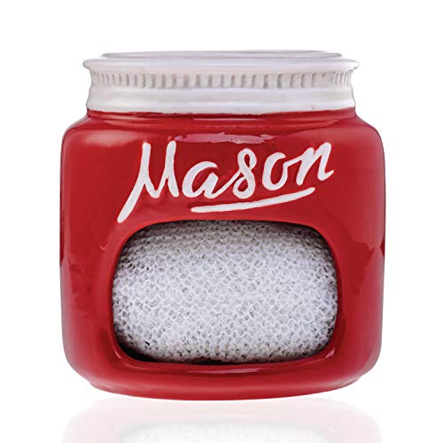 Red Ceramic Mason Jar Kitchen Sponge Holder – Farmhouse Kitchen Decor Sponge Caddy - Kitchen Sink Organizer Ceramic Sponge Holder - Kitchen Organizer Retro Decor for Cute Kitchen Accessories (Red)