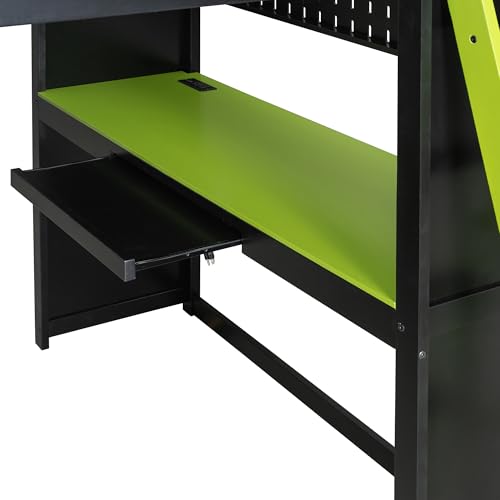 Image of Full Gaming Loft Bed with Wardrobe & Desk & Charging Station & RGB Light,Esports Wood Loft Bed Frame with Storage Shelves,Curtains and DIY Pegboard,Space Saving,No Box Spring Needed,Black Green