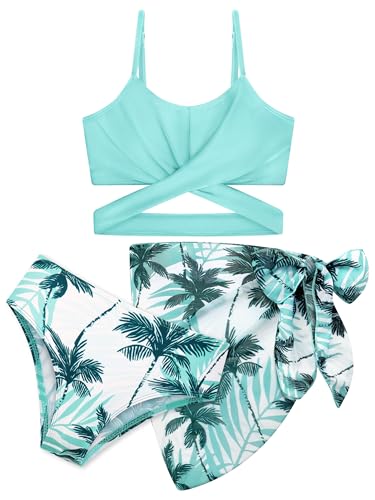 Image of 3 Pieces Girls Swimsuits Bikini Set Tropical Print Bikini Set Criss Cross Bathing Suit with Cover Up Skirt for Kids