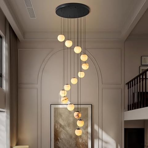 OSRoyce Black Alabaster Chandelier,14-Lights Staircase Chandelier for Entryway, Modern Marble Hanging Light Fixture, Hight Ceiling, Foyer, Living Room, Staircase, Entry Cover