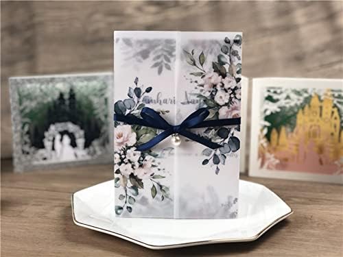 25PCS Printed Translucent Vellum Wraps Invitations Cards with Envelopes Inner Sheets for Bridal Shower Invite Baby Shower Invitations Wedding Rehearsal (Navy)