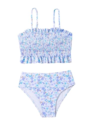 Image of MakeMeChic Girl's Floral Bikini Set Ruffle Hem Backless Smocked Bathing Suit Beachwear