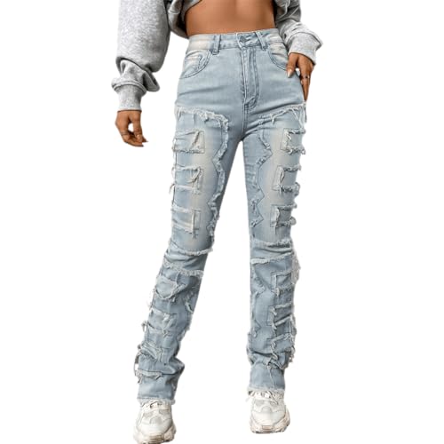 Women's High Waisted Straight Leg Slim Fit Raw Hem Patchwork Stretchy Y2K Stacked Mom Jeans Boyfriend Jeans for Teen Girls