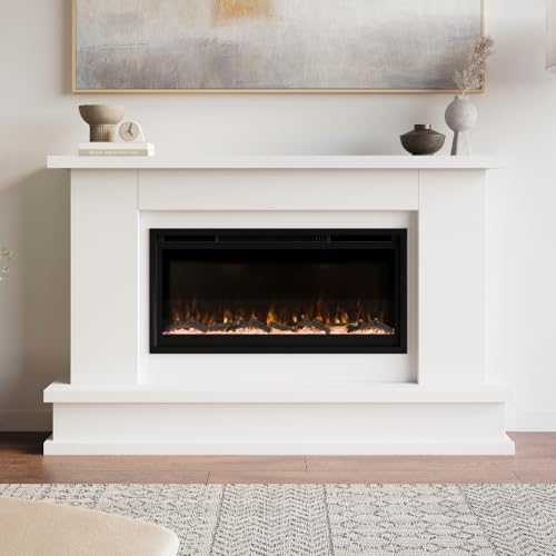 Modern Ember Patton White Mantel Package 64" W x 42" H with 42 Inch Electric Fireplace - 5 Flame Colors, 10 Ember Bed Colors, Log Kit & Crystal Embers | Alexa/WiFi Enabled - Thumbnail 3