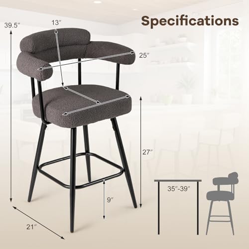 Juego de 2 butacos modernos para barra alta COSTWAY, con giro de 360°, tapizado en tela bouclé y respaldo curvo, patas metálicas, para isla de cocina o hogar (Gris + Negro) miniatura 3