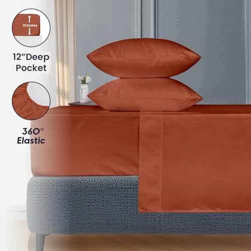 Image of SGI bedding 120 inch W x 80 inch L 4Pc Family King Sheet Set 100% Egyptian Cotton - 600 Thread Count, Fits 12 inch Deep Pocket - Soft Breathable Oversized Sheets, for Extra Large Beds - Terracotta