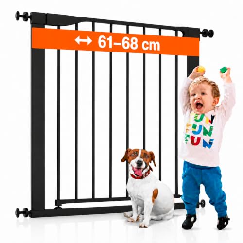 Barrera Seguridad Niños y Perros Escalera - Valla/Puerta Pasillo 61-68cm | Montaje sin taladro - Cierre automático a prueba de niños y perros - Apertura doble sentido - Admite extensiones - Negro