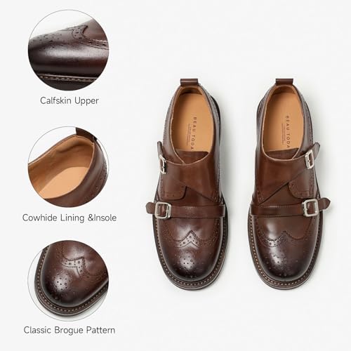 Image of BEAU TODAY Women's Leather Loafers, Wingtip Brogue Monk Strap Shoes | Genuine Leather, Round Toe, Low Heel, Metal Buckle, Non-Slip, Comfortable Business Casual Flats for Work and School