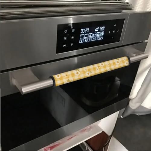 Image of Fridge Door Handle Covers Set of 6 Kitchen Appliance Decor Handles Glove Anti-Slip Protectors Washable Fabric Refrigerator Decor Accessories, Yellow Plaid Daisy