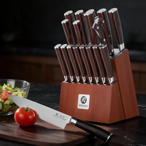 Image of imarku 18-Piece Japanese Utility High-Carbon Stainless Steel Knife Set | Knife Set with Block|14.5Precision Edge|59±2 HRC Hardness|Built-in Sharpener|Ergonomic Pakkawood Handles|Gifts for Women