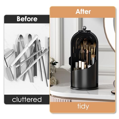Image of YOOLENS Makeup Brush Holder with Lid 360 Rotating Clear Dustproof Make Up Organizers for Vanity Bathroom Countertop, All Black