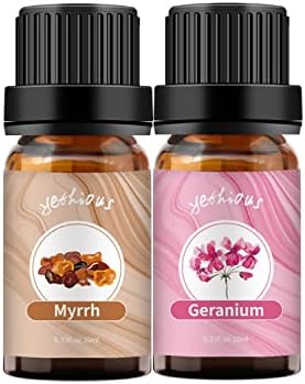 yethious Geranium Essential Oil Bundle with Myrrh Essential Oil 100% Organic Pure Aromatherapy Gift Oil 10ml for Diffuser, Soap, Candle Making