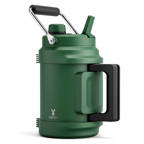 Image of 64 oz Insulated Water Bottle for Camping: Meoky Triple Wall Vacuum Stainless Steel Half Gallon Water Jug - Top and Side Handles, 2-in-1 Straw and Spout Lid, Cold for 36 Hrs, Leak Proof, BPA Free (Fir)