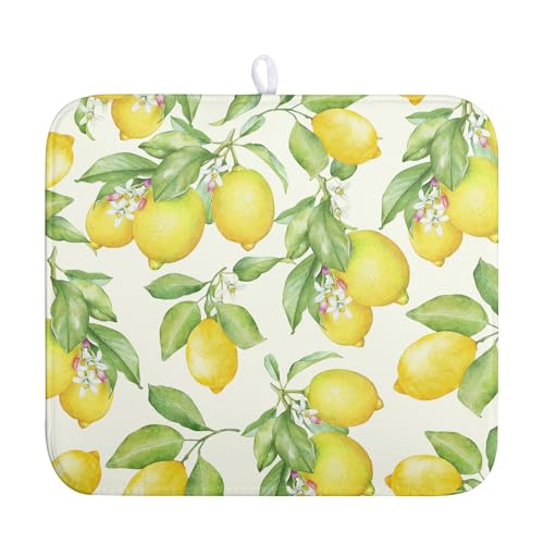 Wnoesat Lemon Kitchen Dish Drying Mat 16×18 Inch Summer Yellow Green Lemon Drying Mat Watercolor Microfiber Dish Drainer Rack Mat Washable Absorbent Dish Pad
