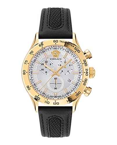 Versace Hellenyium Chrono Collection Luxury Mens Watch Timepieces with a Black Strap Featuring a Gold Case and a Silver Dial