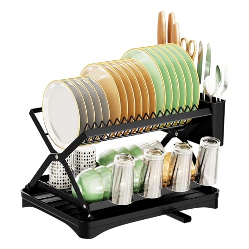 TBATM Escurridor de Platos Plegable de 2 Niveles, Estante de Acero al Carbono Antióxido con Bandeja de Drenaje y Portacubiertos, Organizador de Platos y Vasos Gran Capacidad,Negro