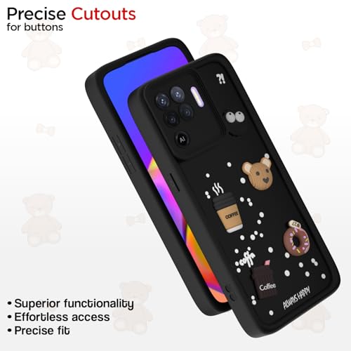 Image of Outlouders Back Cover for Oppo F19 Pro | 3D Cartoon Bear Cute Fun Silicone Full Body Protection Bumper Case (Black)
