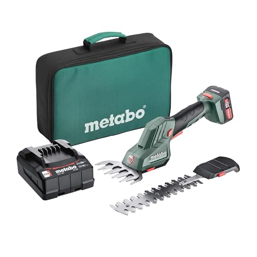 metabo Akku Strauch- und Grasschere PowerMaxx SGS 12 Q - 12V - 2in1 Schere mit lasergeschnittenen Messern, werkzeuglosem Schnellwechsel, Sicherheitsstopp - Inkl. 2.0 Ah Akkupack, Ladegerät & Tasche
