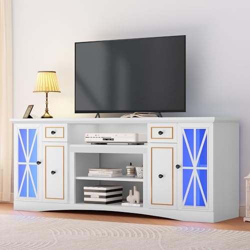 YITAHOME LED Farmhouse TV Stand for 70 Inch TVs, 65" Entertainment Center with Power Outlet, Glass Door, Adjustable Shelves, 2 Drawers, TV Console for Living Room, White