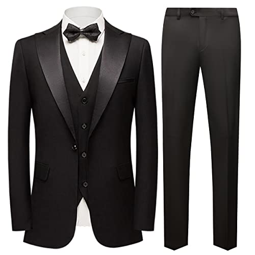 Men's 3 Piece Suit Slim Fit One Button Solid Tuxedo Jacket Suits For Men Slim Fit For Wedding Prom Blazer Vest Pants Black #TOP8