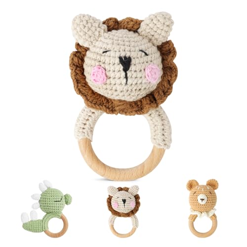 Vicloon Sonajero Bebé, Sonajero de Ganchillo de Madera para Bebé, Lindo Juguete de Agarre para Bebés a Partir de 0 Meses, Sonajeros de Tela Hecho a Mano, Regalos para Recien Nacidos, León