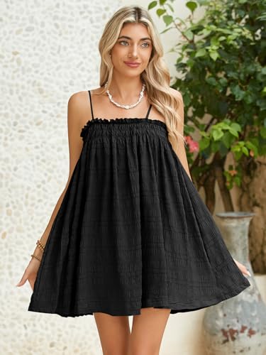 Image of MakeMeChic Women's Babydoll Dress Sleeveless Swing Shirred Mini Dresses | Beach, Summer, Sundress, Ruffle, Casual Dress, Flowy Dress