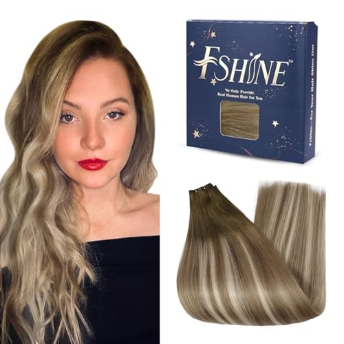 Fshine Hair Weft Extensions, Human Hair, 24 Inch, 60 g, Straight, Dark Brown Highlight Blonde, Add Length and Volume for Women