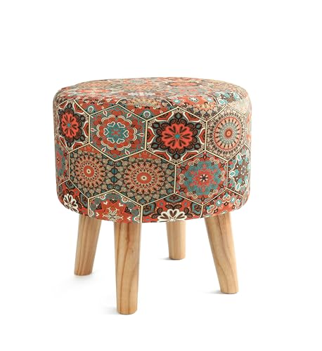 NACIA Stylish Printed Ottoman Stool (16 X 17 Inch) | Soft Cushioned Top for Sitting & Footrest | Pouf Footstool with Puffy Foam & Wooden Legs | Modern Home Decor for Living Room (Orange)