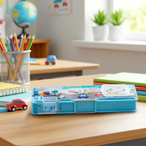 Image of Henoyso Multifunctional Pencil Box for Boys, Car Pencil Case with Calculator and Sharpener, 2026 Back to School Supplies Organizer for Kids Teens Students, Elementary Classroom Vehicle Gift