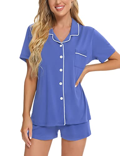 Image of SWOMOG Womens Button Down Pajamas Set Short Sleeve Sleepwear Bride Soft Pj Lounge Sets XS-3XL