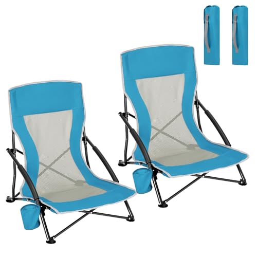 WOLTU Chaise de Plage Pliable, Lot de 2 Chaise Pliante Camping, Transat de Plage, Chaise de Pêche Portable, Fauteuil Pliant, avec Dossier en Maille, Porte-gobelet, Sac de Transport, Bleu