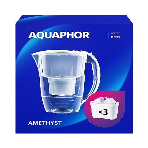 AQUAPHOR Amethyst Fridge Water Filter Jug, Includes 3 x Maxfor+ Cartridges to Reduce Lime, Chlorine & Heavy Metals, Plastic