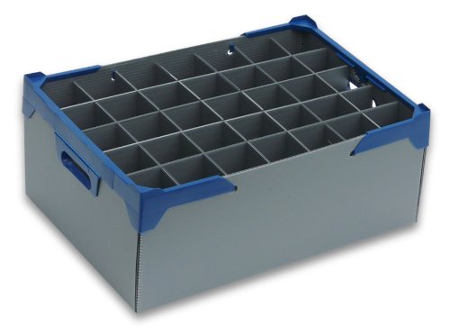 Glassjacks - Glassware And Glassware Storage Box Company Silver With Blue Handles Champagne Flute Storage And Packing Crate - Glassjack For Glass Or Item Max Width 64Mm, Glass Or Item Max Height 190Mm - 35 Cells.