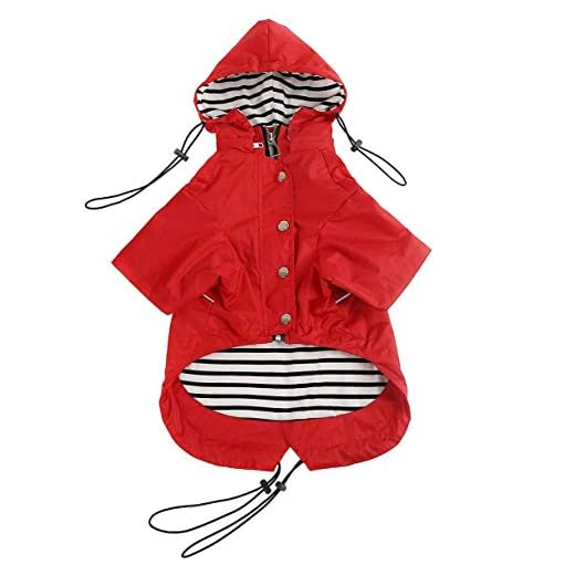 Pethiy- Elegante Chubasquero para Perro,Impermeable Abrigo con Botones Reflectantes y Bolsillos, Resistente a la Lluvia/al Agua,con Capucha extraíble, para pequeños y medianos Perros-Rojo-L